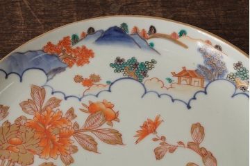 江戸期　伊万里焼　金彩色絵染付九寸皿(窓絵、9寸皿、大皿、古伊万里、和食器)(R-042309)