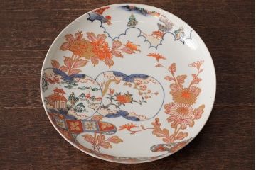 江戸期　伊万里焼　金彩色絵染付八寸皿(窓絵、8寸皿、大皿、古伊万里、和食器)(R-042310)