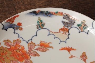 江戸期　伊万里焼　金彩色絵染付八寸皿(窓絵、8寸皿、大皿、古伊万里、和食器)(R-042310)