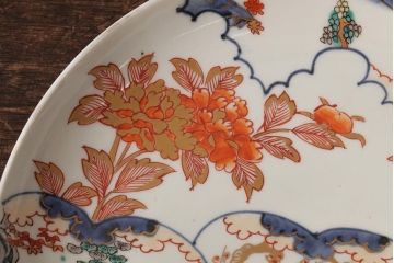 江戸期　伊万里焼　金彩色絵染付八寸皿(窓絵、8寸皿、大皿、古伊万里、和食器)(R-042310)