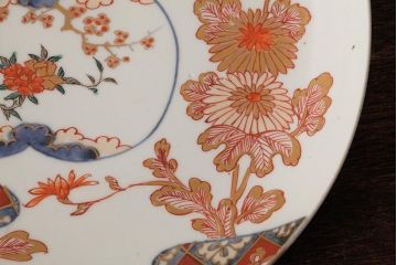 江戸期　伊万里焼　金彩色絵染付八寸皿(窓絵、8寸皿、大皿、古伊万里、和食器)(R-042310)