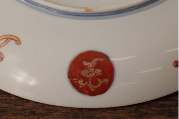 江戸期　伊万里焼　金彩色絵染付八寸皿(窓絵、8寸皿、大皿、古伊万里、和食器)(R-042310)
