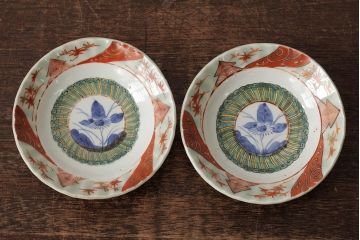 江戸期　古伊万里　色絵染付小皿2枚セット(小鉢、和食器)(R-042315)