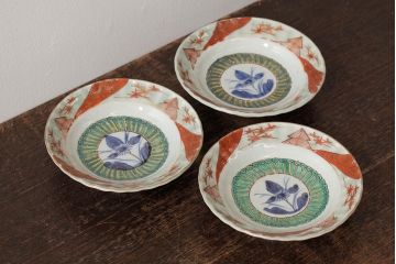 江戸期　古伊万里　色絵染付小皿3枚セット(小鉢、和食器)(R-042316)