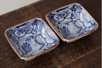 幕末明治期　伊万里焼　染付角皿2枚セット(向付、小鉢、和食器)(R-042318)