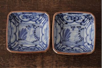 幕末明治期　伊万里焼　染付角皿2枚セット(向付、小鉢、和食器)(R-042318)