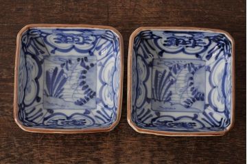 幕末明治期　伊万里焼　染付角皿2枚セット(向付、小鉢、和食器)(R-042319)