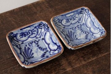 幕末明治期　伊万里焼　染付角皿2枚セット(向付、小鉢、和食器)(R-042320)