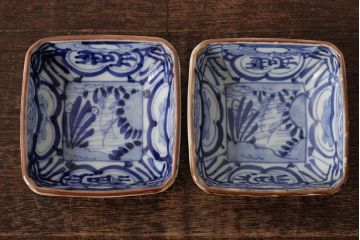 幕末明治期　伊万里焼　染付角皿2枚セット(向付、小鉢、和食器)(R-042320)