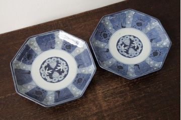 アンティーク雑貨　江戸期　古伊万里　松竹梅文　染付八角皿2枚(中皿)(R-042321)