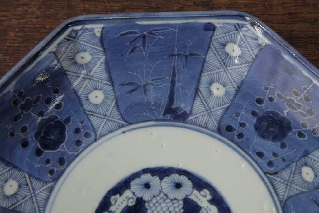 アンティーク雑貨　江戸期　古伊万里　松竹梅文　染付八角皿2枚(中皿)(R-042322)