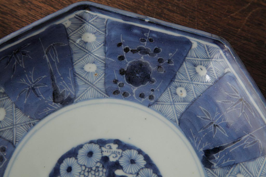 アンティーク雑貨　江戸期　古伊万里　松竹梅文　染付八角皿2枚(中皿)(R-042322)