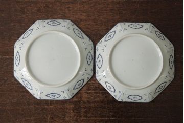 アンティーク雑貨　江戸期　古伊万里　松竹梅文　染付八角皿2枚(中皿)(R-042322)