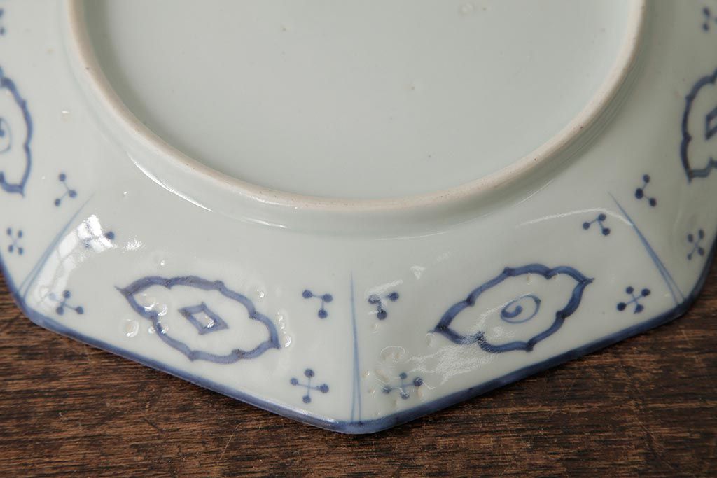 アンティーク雑貨　江戸期　古伊万里　松竹梅文　染付八角皿2枚(中皿)(R-042322)