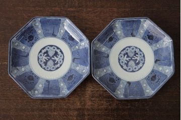 アンティーク雑貨　江戸期　古伊万里　松竹梅文　染付八角皿2枚(中皿)(R-042322)