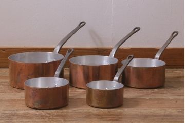 アンティーク雑貨　フランスアンティーク　鉄の取っ手の銅製片手鍋5点セット(キッチン雑貨)(R-042350)