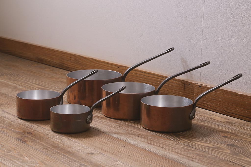 フランスアンティーク ミニコッパー片手鍋5点セット 専用ラック