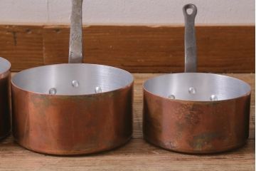 アンティーク雑貨　フランスアンティーク　鉄の取っ手の銅製片手鍋5点セット(キッチン雑貨)(R-042350)