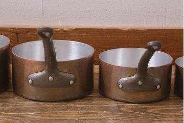 アンティーク雑貨　フランスアンティーク　鉄の取っ手の銅製片手鍋5点セット(キッチン雑貨)(R-042350)