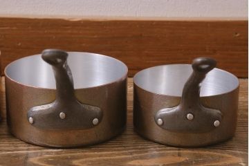 アンティーク雑貨　フランスアンティーク　鉄の取っ手の銅製片手鍋5点セット(キッチン雑貨)(R-042350)