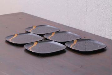 未使用　輪島塗　4.6寸霞蒔絵銘々皿5客(木製漆器)(R-042363)