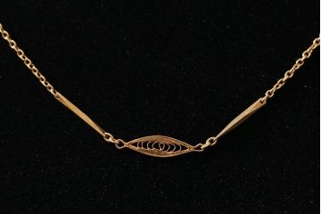 ヴィンテージアクセサリー　K18(18金)　金75%　造幣局ホールマーク刻印　切子デザイン　アーモンド形のパーツが美しいビンテージネックレス　重さ約4.09g(R-042370)