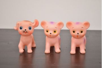 アンティーク雑貨　昭和レトロ　ビンテージラバードール3点(犬、ねこ、ビニール人形)(R-042445)
