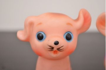 アンティーク雑貨　昭和レトロ　ビンテージラバードール3点(犬、ねこ、ビニール人形)(R-042445)