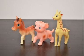 アンティーク雑貨　昭和レトロ　ビンテージラバードール3点(馬、犬、きりん、ビニール人形)(R-042446)