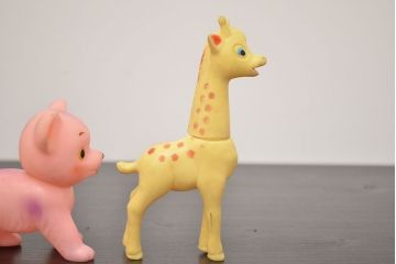 アンティーク雑貨　昭和レトロ　ビンテージラバードール3点(象、ねこ、きりん、ビニール人形)(R-042447)