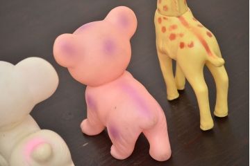 アンティーク雑貨　昭和レトロ　ビンテージラバードール3点(象、ねこ、きりん、ビニール人形)(R-042447)