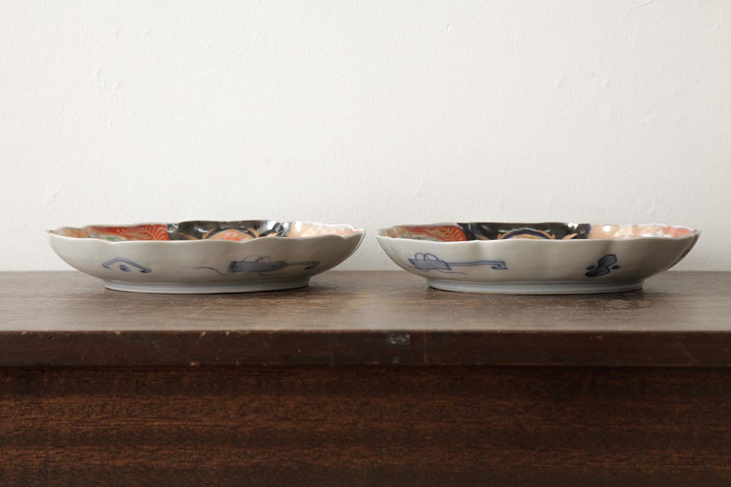 アンティーク雑貨　古民具・骨董　明治期　伊万里焼　色絵七寸皿2枚セット(和食器、中皿)(R-042462)