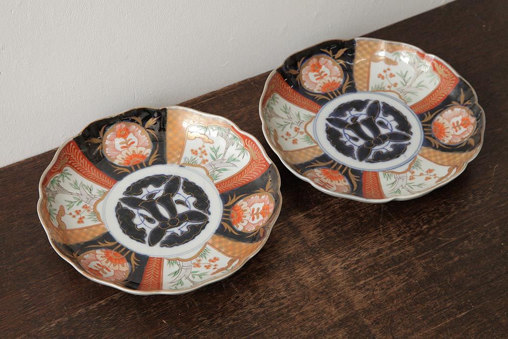アンティーク雑貨　古民具・骨董　明治期　伊万里焼　色絵七寸皿2枚セット(和食器、中皿)(R-042462)
