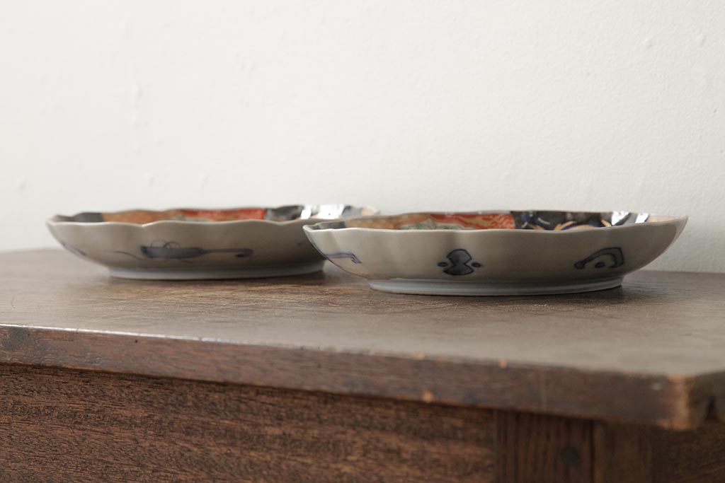 アンティーク雑貨　古民具・骨董　明治期　伊万里焼　色絵七寸皿2枚セット(和食器、中皿)(R-042462)