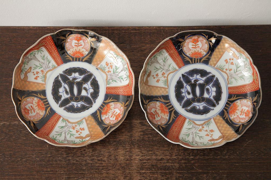 アンティーク雑貨　古民具・骨董　明治期　伊万里焼　色絵七寸皿2枚セット(和食器、中皿)(R-042462)