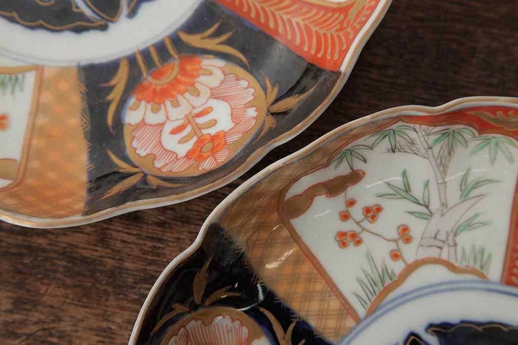 アンティーク雑貨　古民具・骨董　明治期　伊万里焼　色絵七寸皿2枚セット(和食器、中皿)(R-042462)