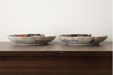 アンティーク雑貨　古民具・骨董　明治期　伊万里焼　色絵七寸皿2枚セット(和食器、中皿)(R-042462)