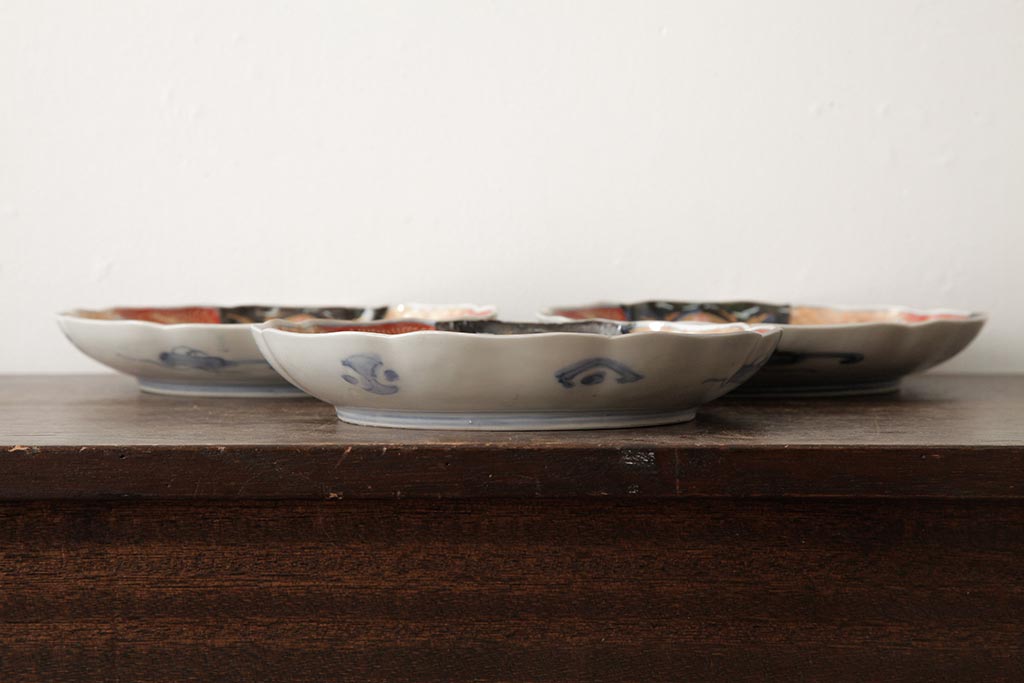 アンティーク雑貨　古民具・骨董　明治期　伊万里焼　色絵七寸皿3枚セット(和食器、中皿)(R-042463)