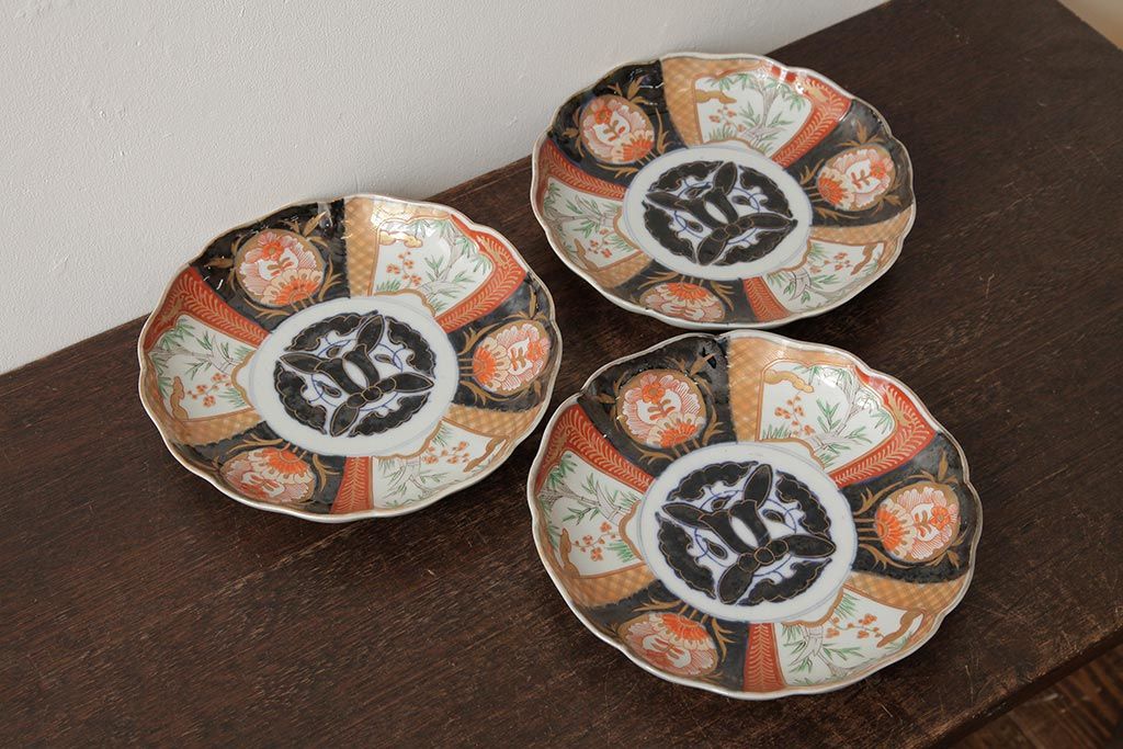 アンティーク雑貨　古民具・骨董　明治期　伊万里焼　色絵七寸皿3枚セット(和食器、中皿)(R-042463)