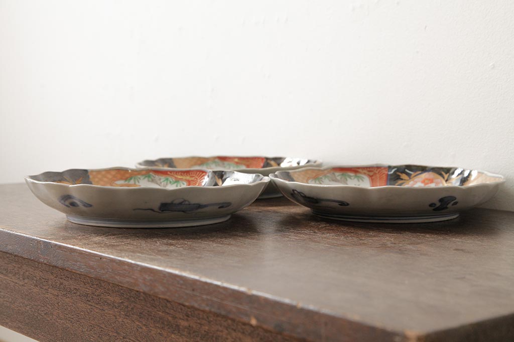 アンティーク雑貨　古民具・骨董　明治期　伊万里焼　色絵七寸皿3枚セット(和食器、中皿)(R-042463)