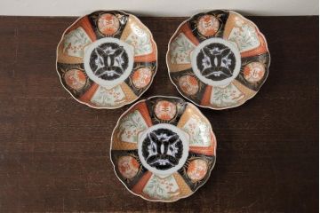 アンティーク雑貨　古民具・骨董　明治期　伊万里焼　色絵七寸皿3枚セット(和食器、中皿)(R-042463)