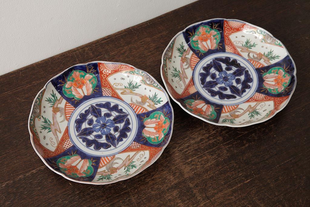アンティーク雑貨　古民具・骨董　明治期　伊万里焼　色絵七寸皿2枚セット(和食器、中皿)(R-042464)