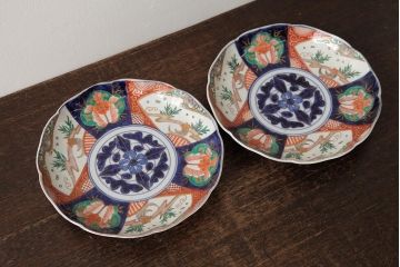 アンティーク雑貨　古民具・骨董　明治期　伊万里焼　色絵七寸皿2枚セット(和食器、中皿)(R-042464)