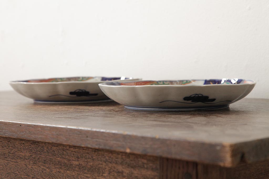 アンティーク雑貨　古民具・骨董　明治期　伊万里焼　色絵七寸皿2枚セット(和食器、中皿)(R-042464)