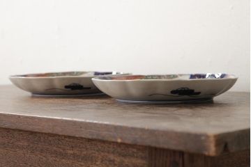 アンティーク雑貨　古民具・骨董　明治期　伊万里焼　色絵七寸皿2枚セット(和食器、中皿)(R-042464)