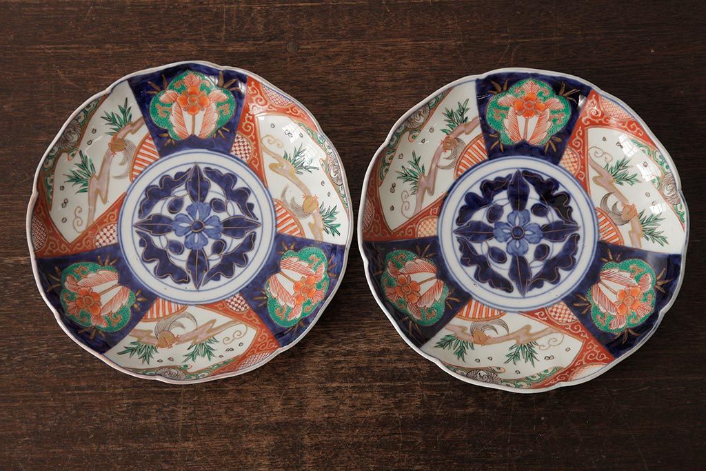 アンティーク雑貨　古民具・骨董　明治期　伊万里焼　色絵七寸皿2枚セット(和食器、中皿)(R-042464)