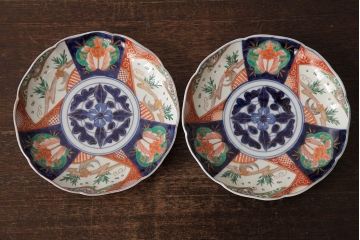 アンティーク雑貨　古民具・骨董　明治期　伊万里焼　色絵七寸皿2枚セット(和食器、中皿)(R-042464)
