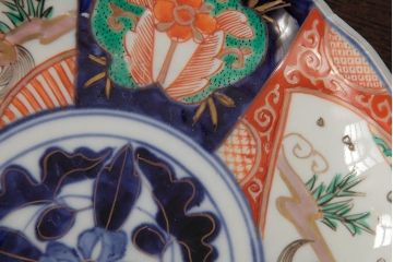 アンティーク雑貨　古民具・骨董　明治期　伊万里焼　色絵七寸皿2枚セット(和食器、中皿)(R-042464)