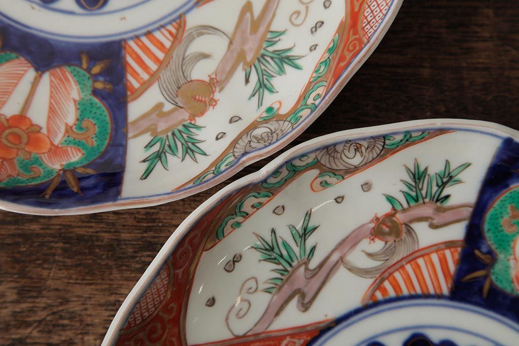 アンティーク雑貨　古民具・骨董　明治期　伊万里焼　色絵七寸皿2枚セット(和食器、中皿)(R-042464)