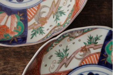 アンティーク雑貨　古民具・骨董　明治期　伊万里焼　色絵七寸皿2枚セット(和食器、中皿)(R-042464)